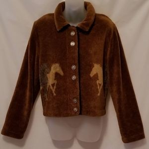 Horses Brown Fleece Jacket Cardigan Women's M